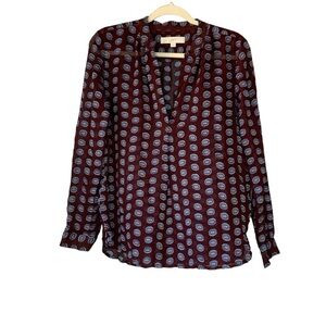 Loft sheer silk split neck burgundy blue dot long sleeve blouse. Size‎ M